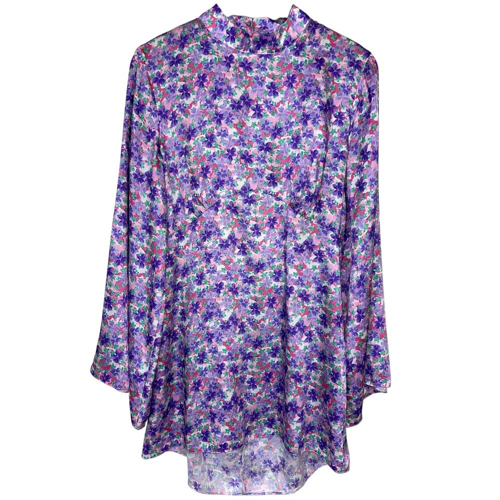 River Island Purple Floral Kimono Sleeve Back Cutout Satin Mini Dress Size US 10